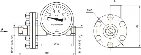 Габаритные и присоединительные размеры индикатора разности давлений ИРД-80 РАСКО