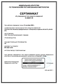 Сертификат об утверждении типа СИ. Счётчики газа BK-G4 ETe и BK-G6 ETe